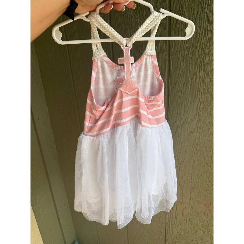 btween Dress‎ Girls 4T Pink White Striped Braided Straps Anchor Tulle